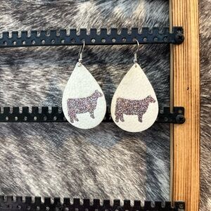 Faux leather Teardrop Earrings with Glitter Cow Design